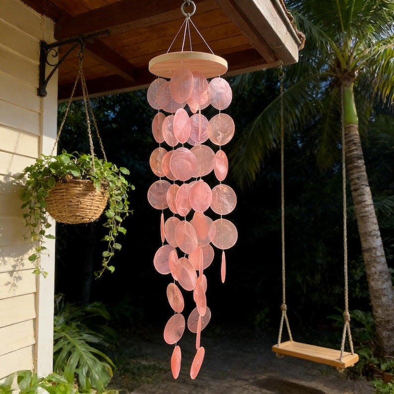 Rosa Capiz Muschel Windspiel mit Wandständer, 59 cm, rundes Design, Gartendekoration