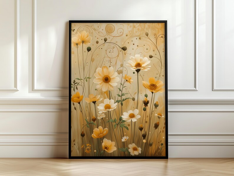 Botanische Illustration Gänseblümchen Wandkunst, Jugendstil Blumen Poster, Vintage Stillleben Druck, Warme Töne Floral