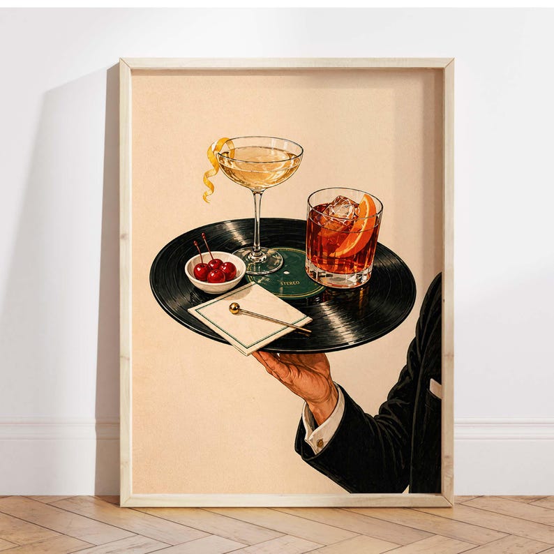 Cocktaildruck auf Vinyl-Schallplatte, Retro-Martini-Lounge-Dekoration, Wandkunst