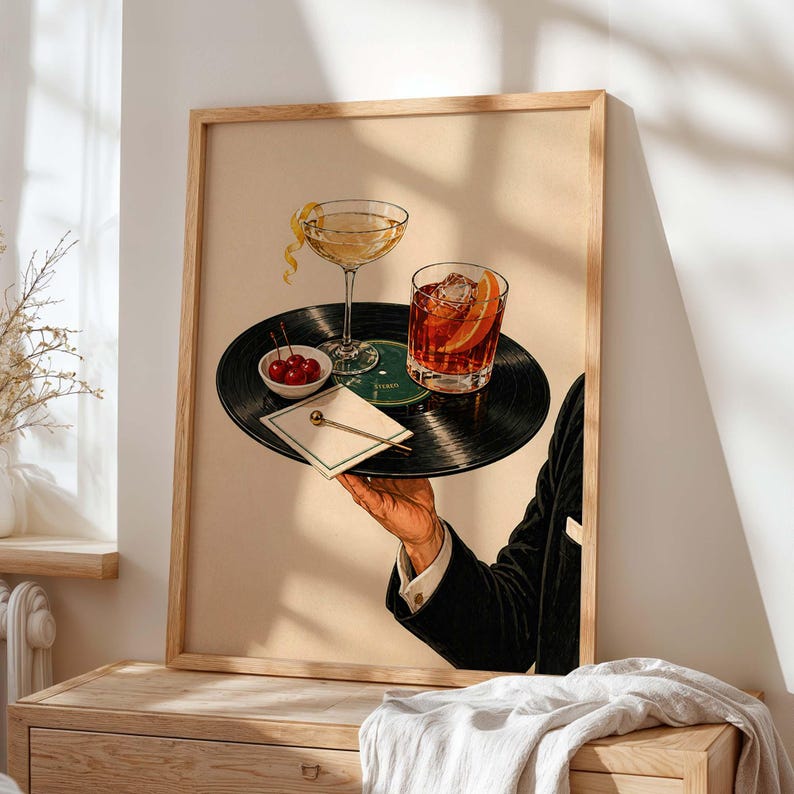 Cocktaildruck auf Vinyl-Schallplatte, Retro-Martini-Lounge-Dekoration, Wandkunst