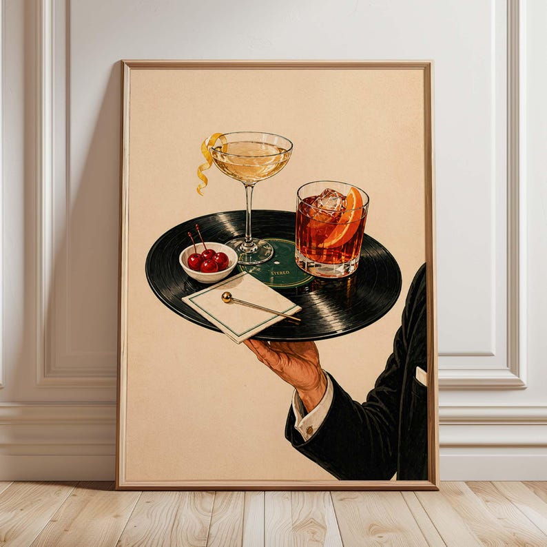 Cocktaildruck auf Vinyl-Schallplatte, Retro-Martini-Lounge-Dekoration, Wandkunst