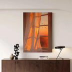 Handgemaltes Ölgemälde Sonnenuntergang Fenster Licht Schatten, orange Himmel Vögel Wandkunst