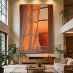 Handgemaltes Ölgemälde Sonnenuntergang Fenster Licht Schatten, orange Himmel Vögel Wandkunst