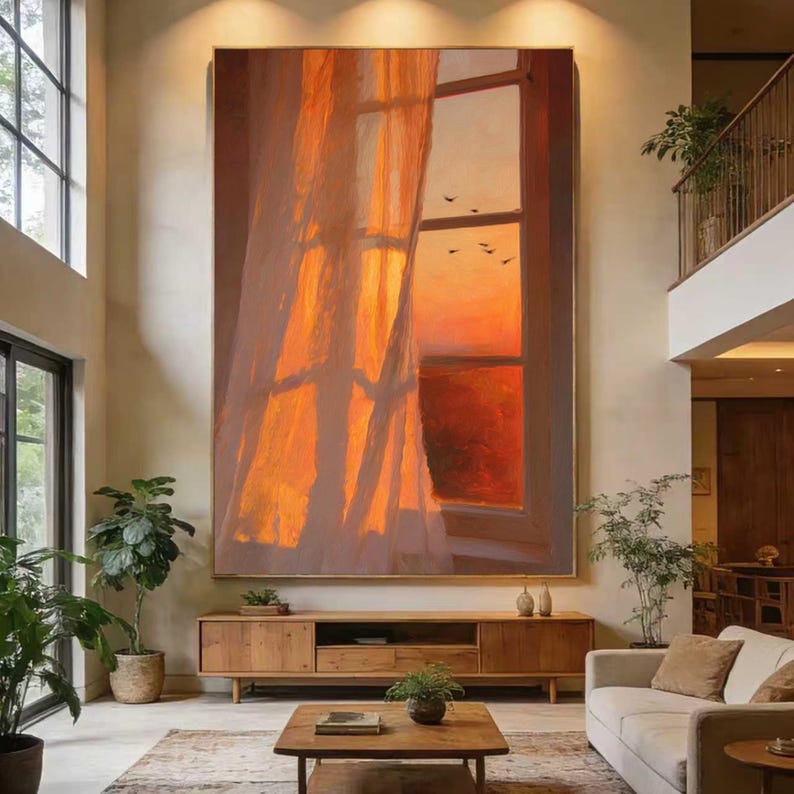 Handgemaltes Ölgemälde Sonnenuntergang Fenster Licht Schatten, orange Himmel Vögel Wandkunst