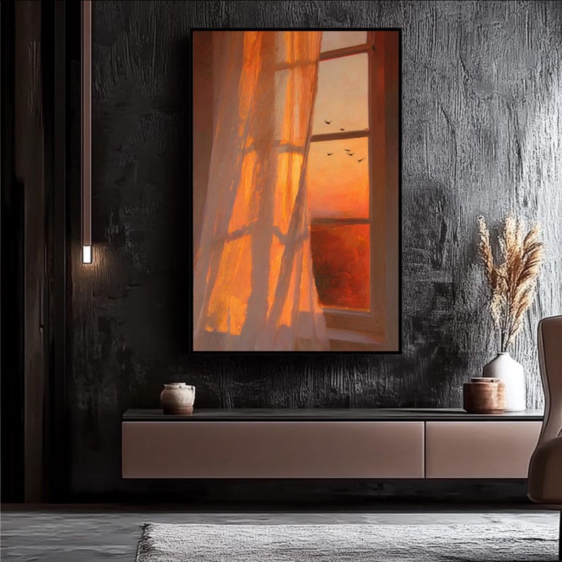 Handgemaltes Ölgemälde Sonnenuntergang Fenster Licht Schatten, orange Himmel Vögel Wandkunst