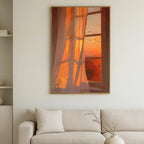 Handgemaltes Ölgemälde Sonnenuntergang Fenster Licht Schatten, orange Himmel Vögel Wandkunst
