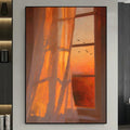 Handgemaltes Ölgemälde Sonnenuntergang Fenster Licht Schatten, orange Himmel Vögel Wandkunst