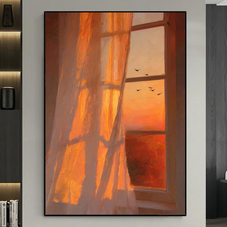 Handgemaltes Ölgemälde Sonnenuntergang Fenster Licht Schatten, orange Himmel Vögel Wandkunst