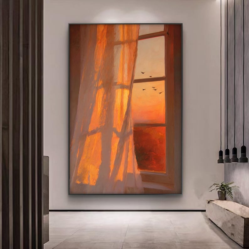 Handgemaltes Ölgemälde Sonnenuntergang Fenster Licht Schatten, orange Himmel Vögel Wandkunst