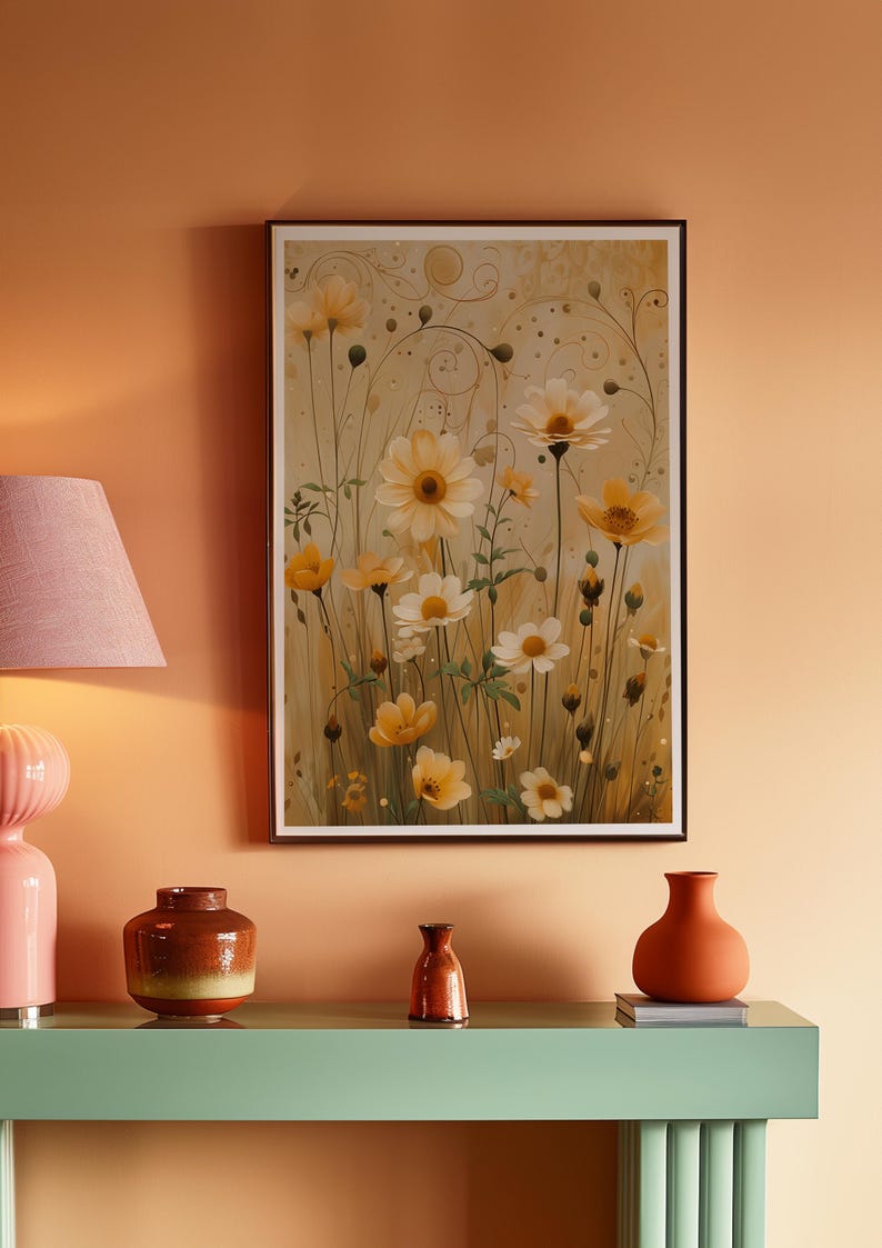 Botanische Illustration Gänseblümchen Wandkunst, Jugendstil Blumen Poster, Vintage Stillleben Druck, Warme Töne Floral