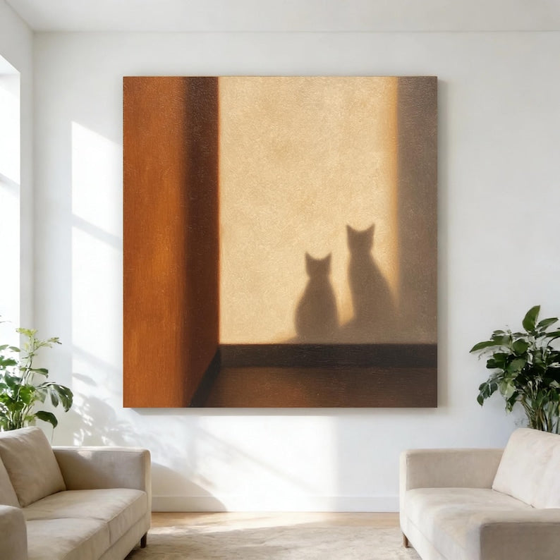 Handgemaltes Katzenölgemälde, Licht-Schatten-Wandkunst, warme Erdton-Palette, Leinwand