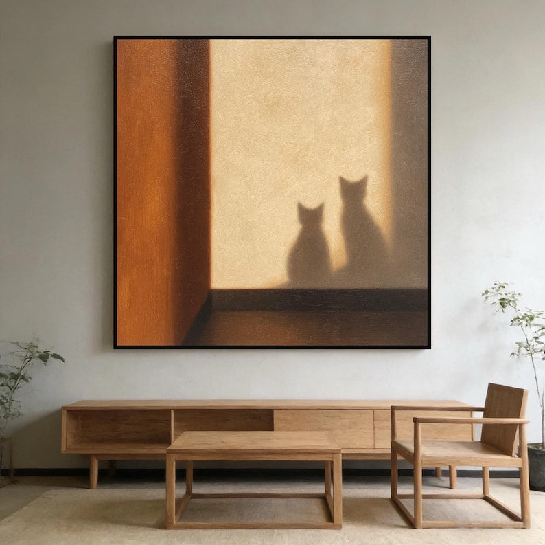 Handgemaltes Katzenölgemälde, Licht-Schatten-Wandkunst, warme Erdton-Palette, Leinwand