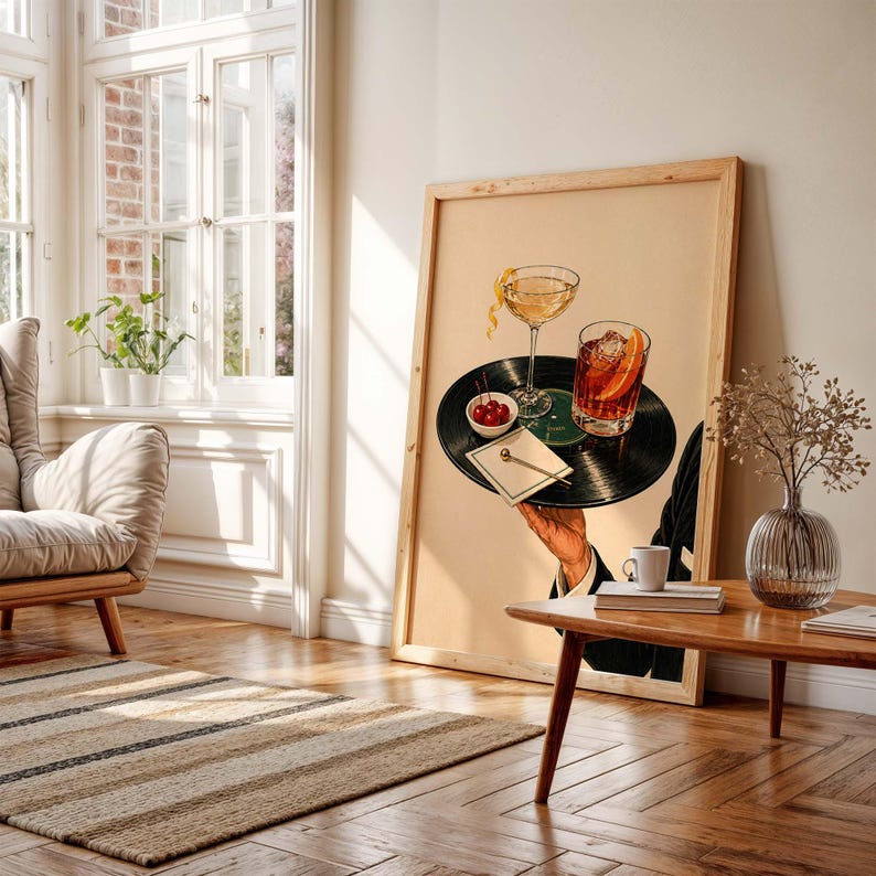 Cocktaildruck auf Vinyl-Schallplatte, Retro-Martini-Lounge-Dekoration, Wandkunst