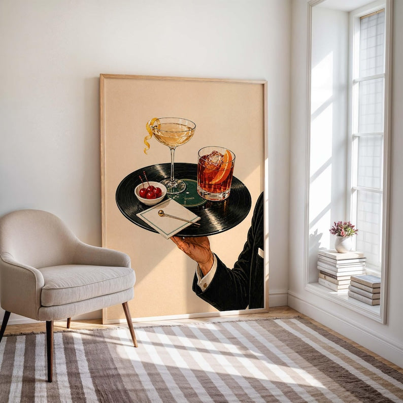 Cocktaildruck auf Vinyl-Schallplatte, Retro-Martini-Lounge-Dekoration, Wandkunst