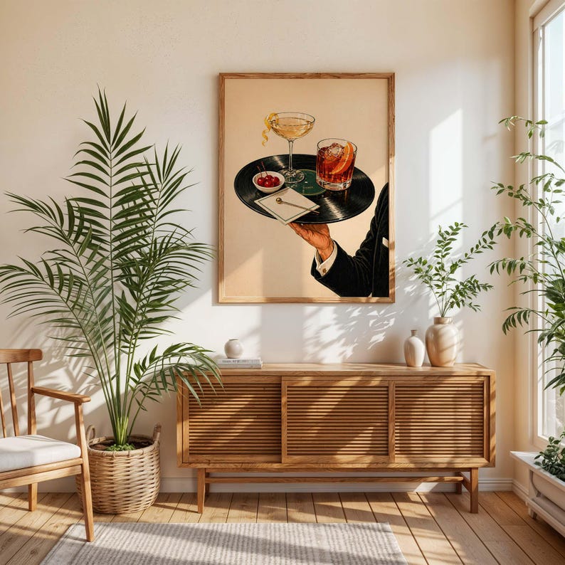 Cocktaildruck auf Vinyl-Schallplatte, Retro-Martini-Lounge-Dekoration, Wandkunst