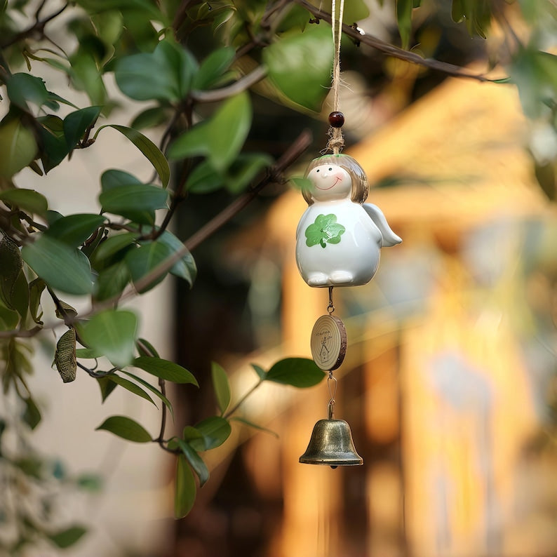 Keramik Windspiel mit Vögeln, Hasen und Blumen für Balkon, Terrasse und Garten – Japanisch inspiriertes Deko-Set