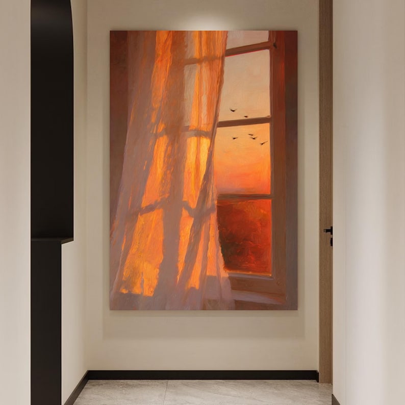 Handgemaltes Ölgemälde Sonnenuntergang Fenster Licht Schatten, orange Himmel Vögel Wandkunst