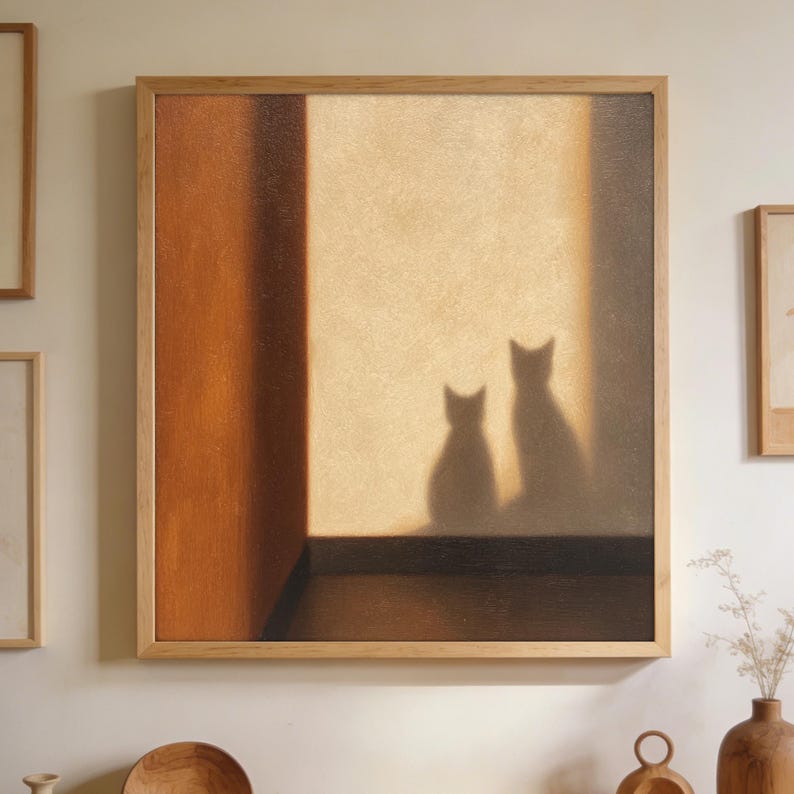 Handgemaltes Katzenölgemälde, Licht-Schatten-Wandkunst, warme Erdton-Palette, Leinwand