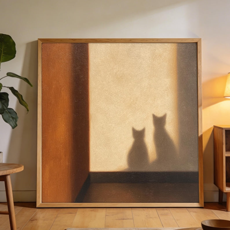Handgemaltes Katzenölgemälde, Licht-Schatten-Wandkunst, warme Erdton-Palette, Leinwand