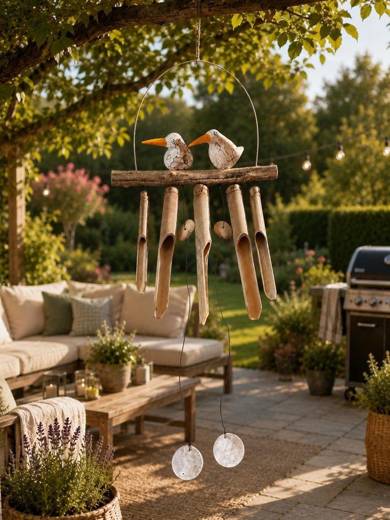 Nature Windspiel Vögel aus Balsaholz und Bambus, 50 cm