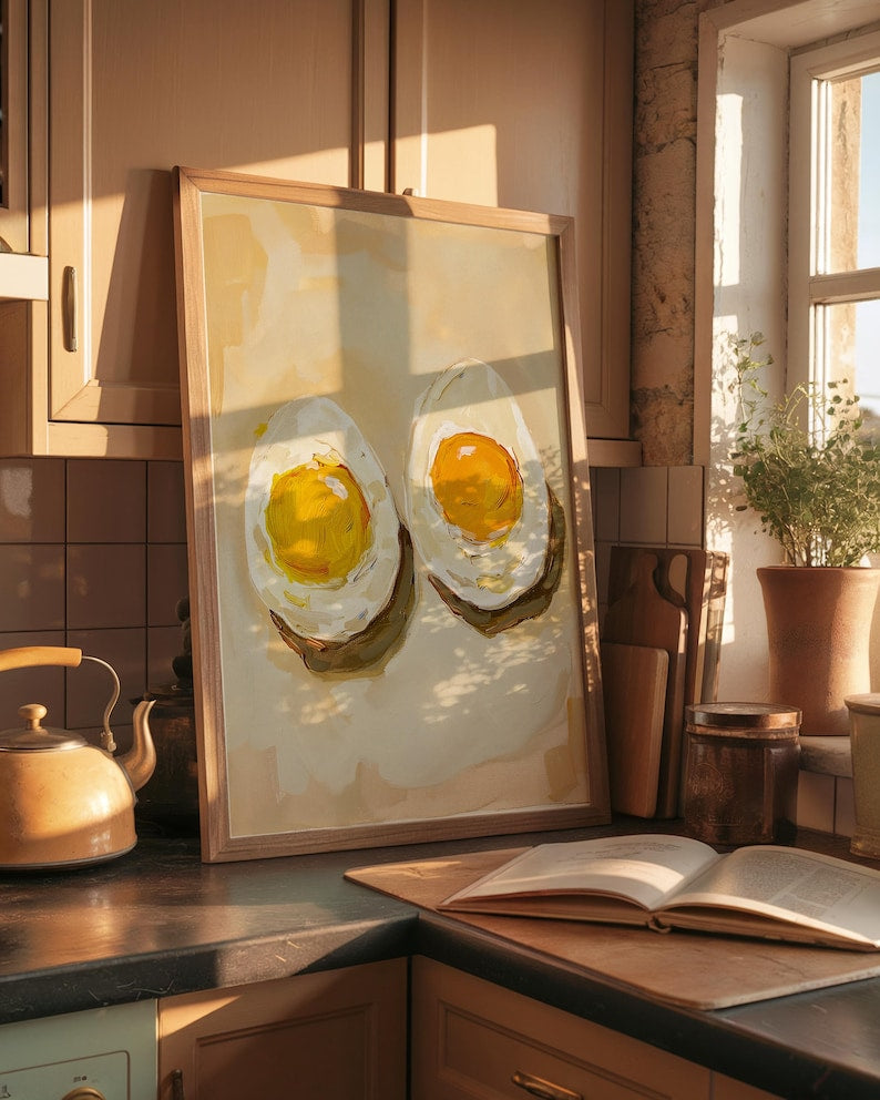 Eier Stillleben Poster, Frühstück Gemälde Druck, Café Wandkunst, Küchen Kunstwerk