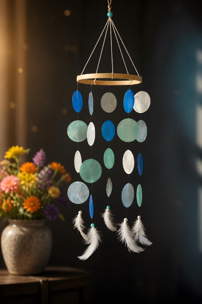 Mobile mit Capizmuscheln Blau Aqua Türkis Weiß Holzring 55 cm