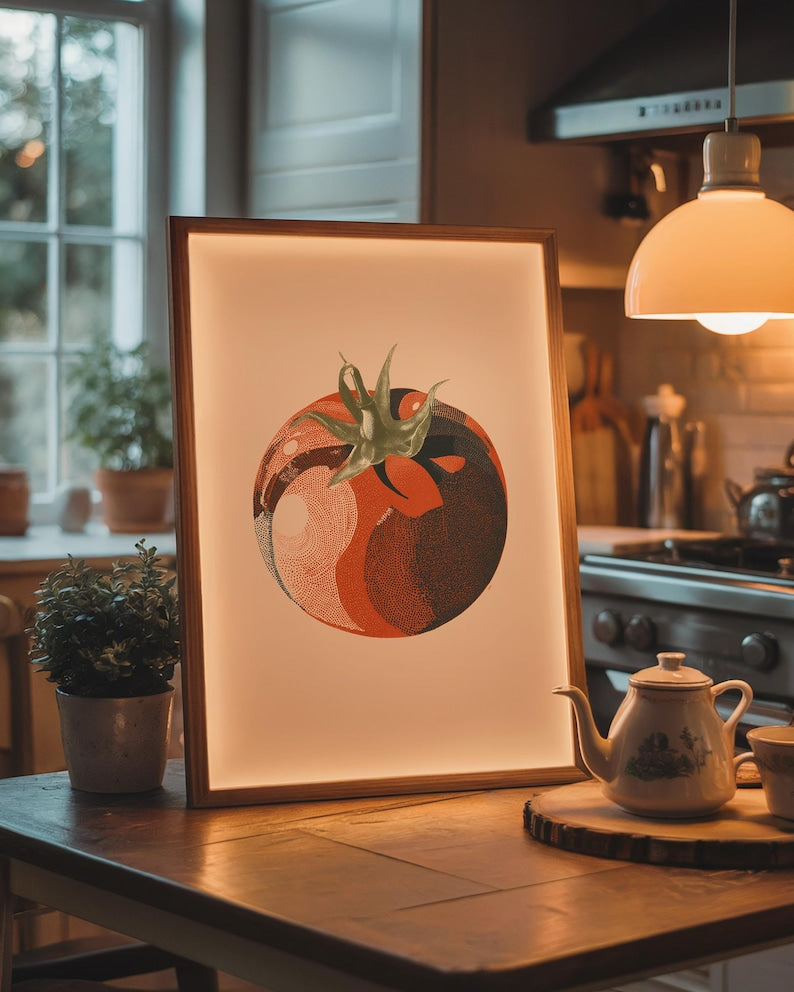 Tomate Pop Art Druck | Küchendekor | bunte Wandkunst, fröhliches Design, Polka-Dot