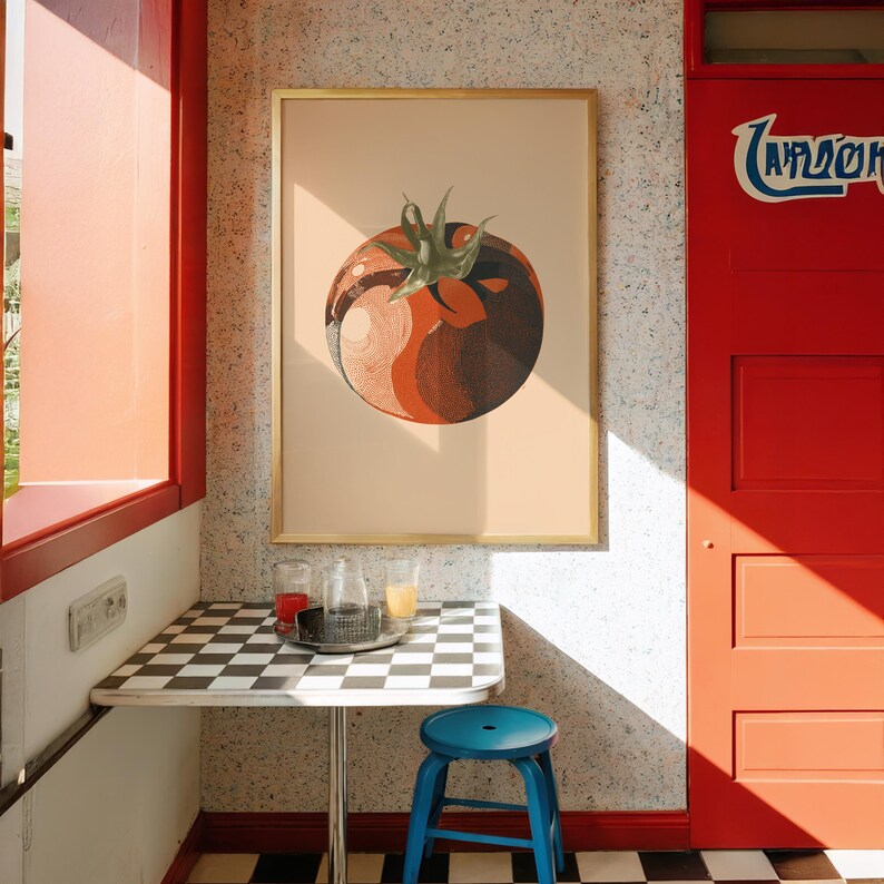 Tomate Pop Art Druck | Küchendekor | bunte Wandkunst, fröhliches Design, Polka-Dot