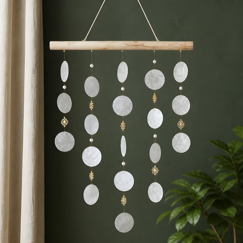 White Capiz Shell Wind Chime Boho Mobile 50 cm – Handcrafted Decor for Balcony, Terrace & Indoor Rooms