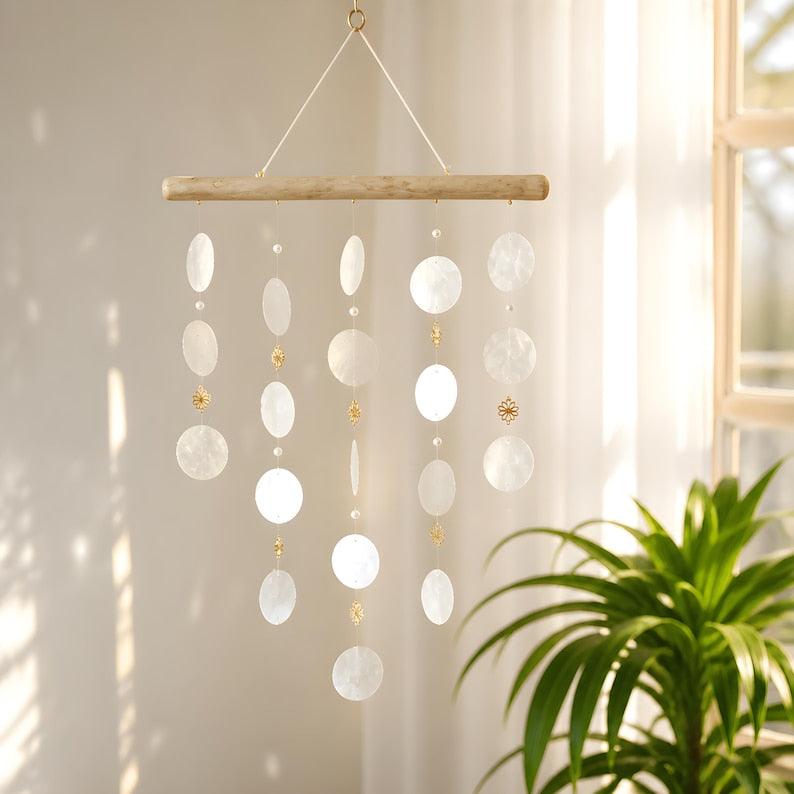White Capiz Shell Wind Chime Boho Mobile 50 cm – Handcrafted Decor for Balcony, Terrace & Indoor Rooms