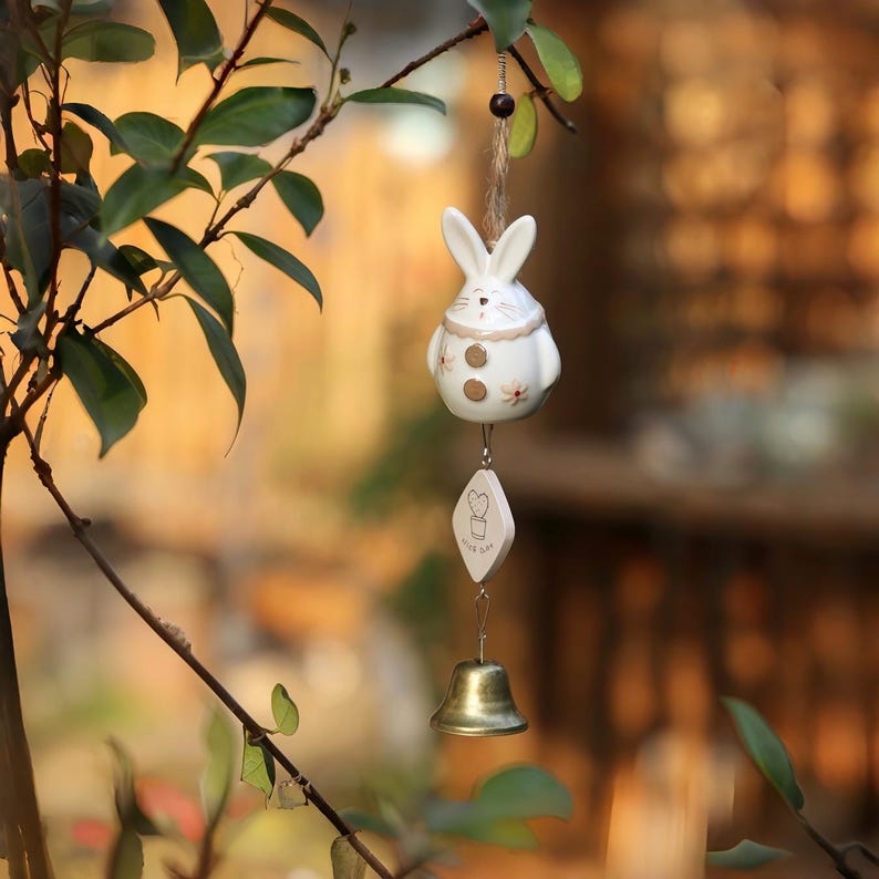 Keramik Windspiel mit Vögeln, Hasen und Blumen für Balkon, Terrasse und Garten – Japanisch inspiriertes Deko-Set