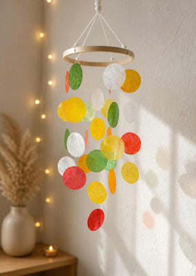 Capiz-Muschel Windspiel Mobile - Gelb Rot Weiß Orange Grün, 50cm, handgefertigt