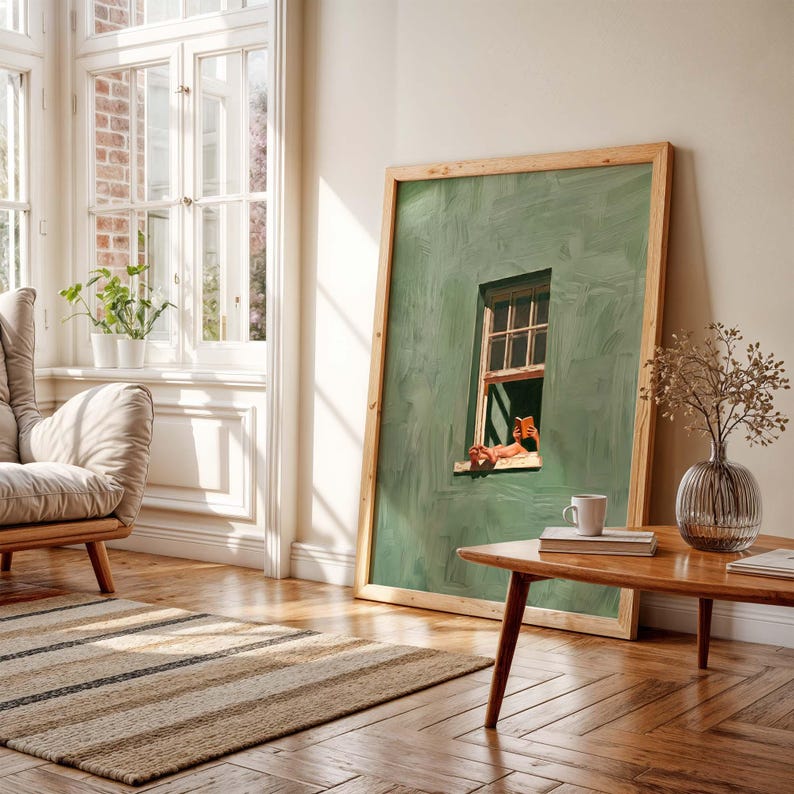 Ein Kunstdruck, der eine lesende Frau am Fenster zeigt, eine salbeigrüne Wanddekoration