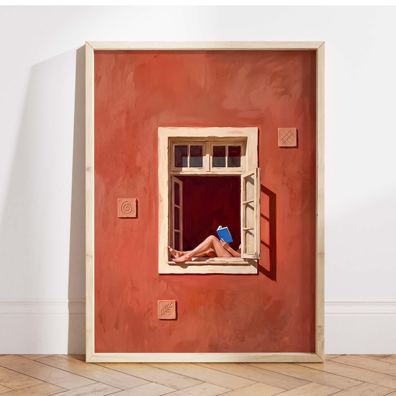 Kunstdruck Lesende Frau am Fenster, Terrakotta Wandbild, Minimalistische Dekoration für Leseecke