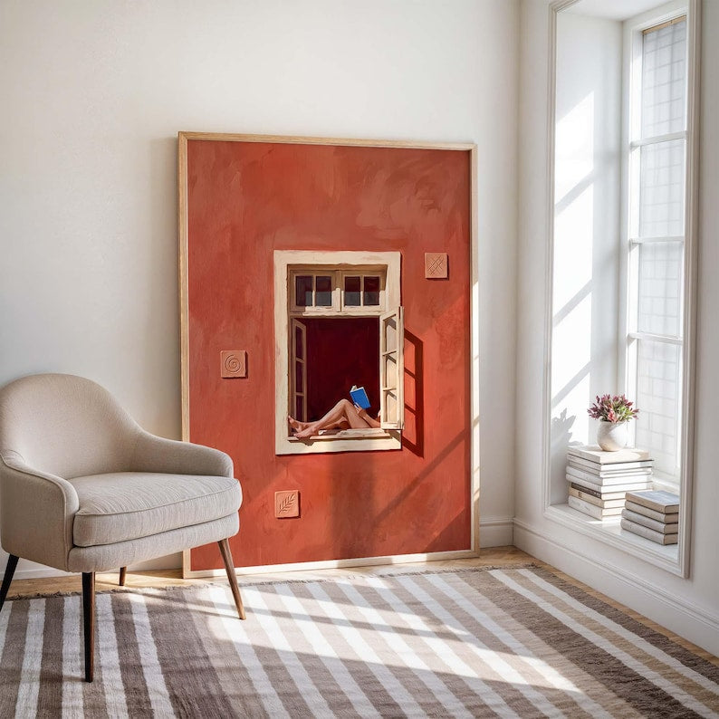 Kunstdruck Lesende Frau am Fenster, Terrakotta Wandbild, Minimalistische Dekoration für Leseecke