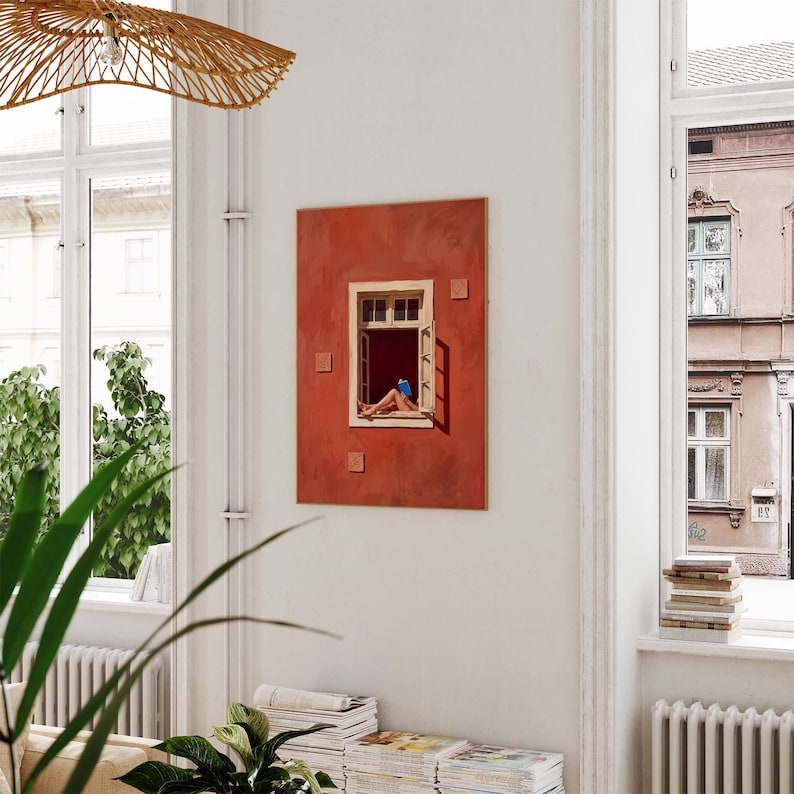Kunstdruck Lesende Frau am Fenster, Terrakotta Wandbild, Minimalistische Dekoration für Leseecke