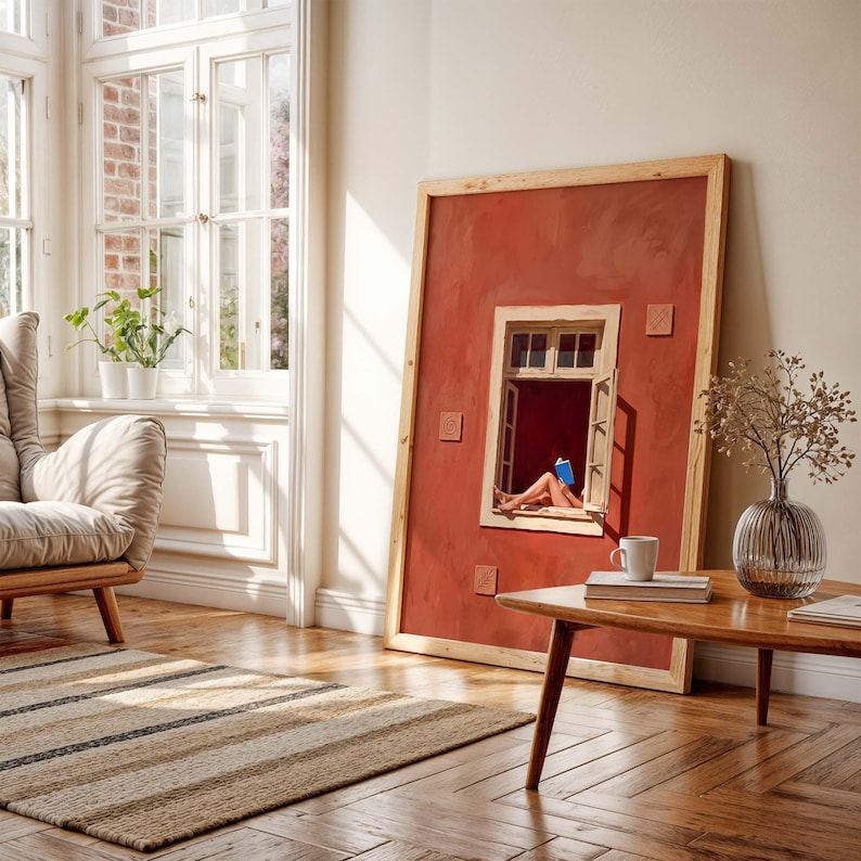 Kunstdruck Lesende Frau am Fenster, Terrakotta Wandbild, Minimalistische Dekoration für Leseecke