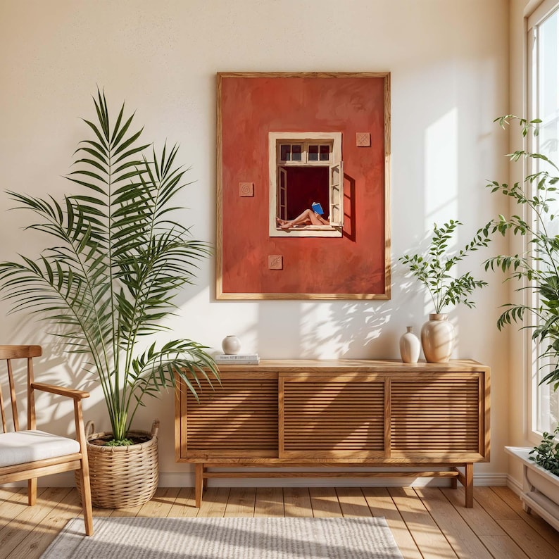 Kunstdruck Lesende Frau am Fenster, Terrakotta Wandbild, Minimalistische Dekoration für Leseecke
