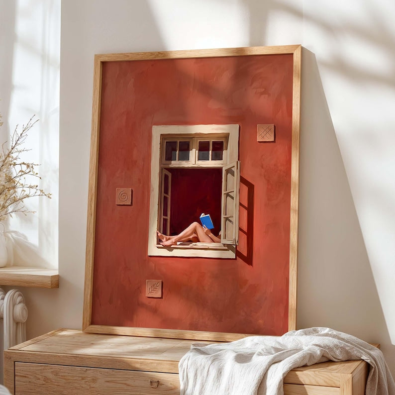 Kunstdruck Lesende Frau am Fenster, Terrakotta Wandbild, Minimalistische Dekoration für Leseecke