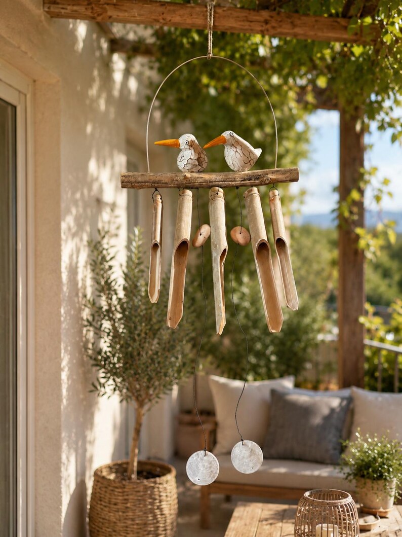 Nature Windspiel Vögel aus Balsaholz und Bambus, 50 cm