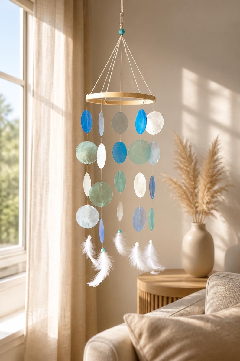 Mobile mit Capizmuscheln Blau Aqua Türkis Weiß Holzring 55 cm