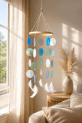 Mobile mit Capizmuscheln Blau Aqua Türkis Weiß Holzring 55 cm