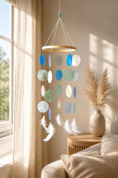 Mobile mit Capizmuscheln Blau Aqua Türkis Weiß Holzring 55 cm