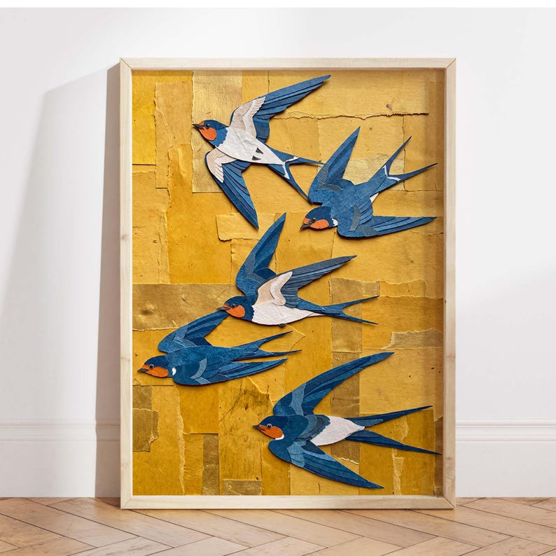 Wandbild Blauschwalbe Scherenschnitt-Optik botanisches Poster Senfgelb Galeriedekoration