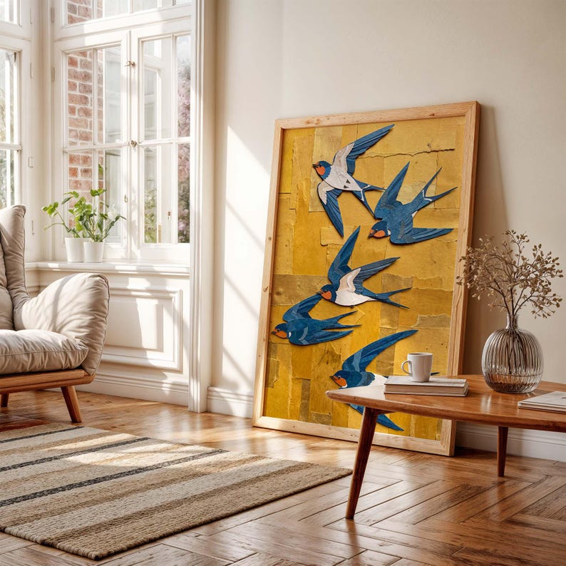 Wandbild Blauschwalbe Scherenschnitt-Optik botanisches Poster Senfgelb Galeriedekoration