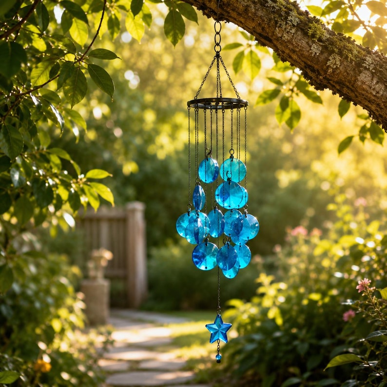 Blaue Muschel Windspiel | Küstenhänge Deko | Garten Windspiel für Außen