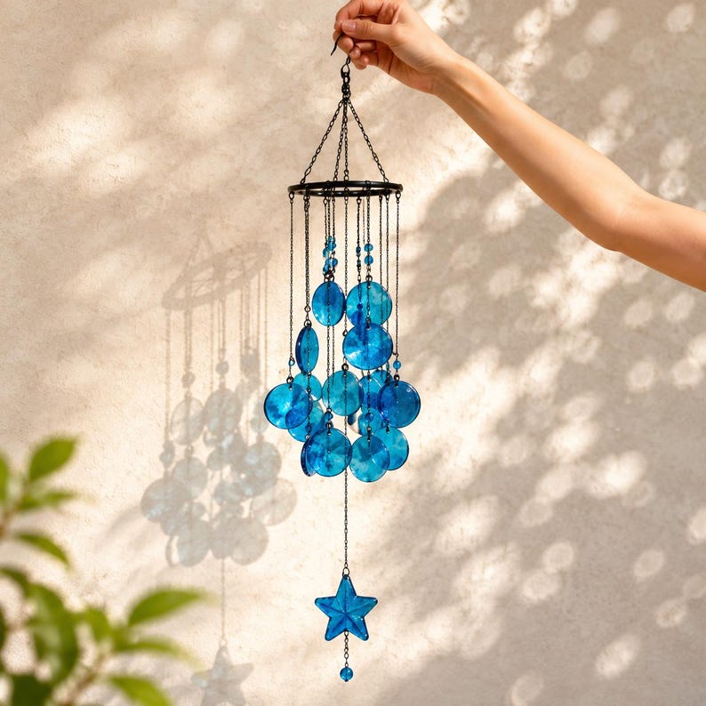 Blaue Muschel Windspiel | Küstenhänge Deko | Garten Windspiel für Außen