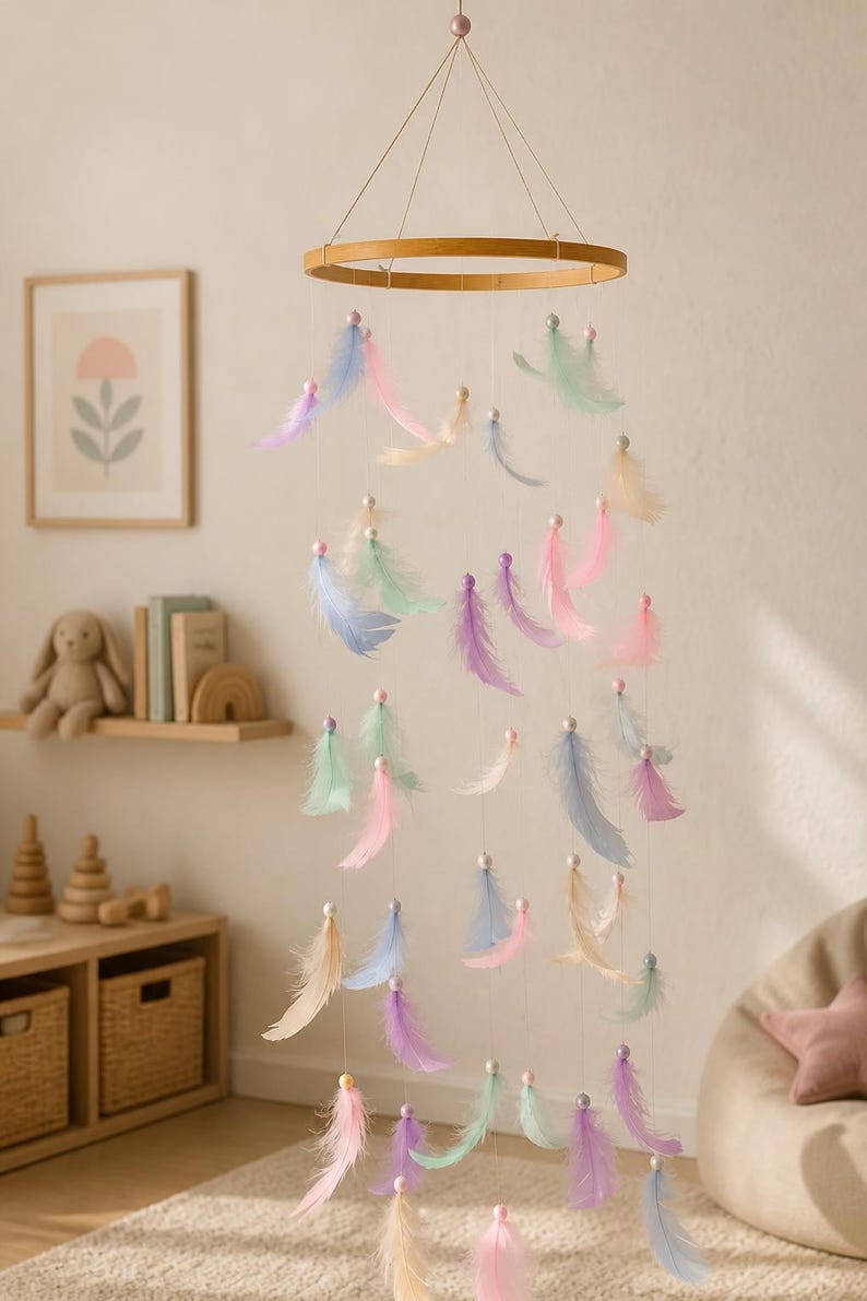 Mobile aus pastellfarbenen Federn mit Bambusring, Höhe 70 cm, Dekoration für Innenräume