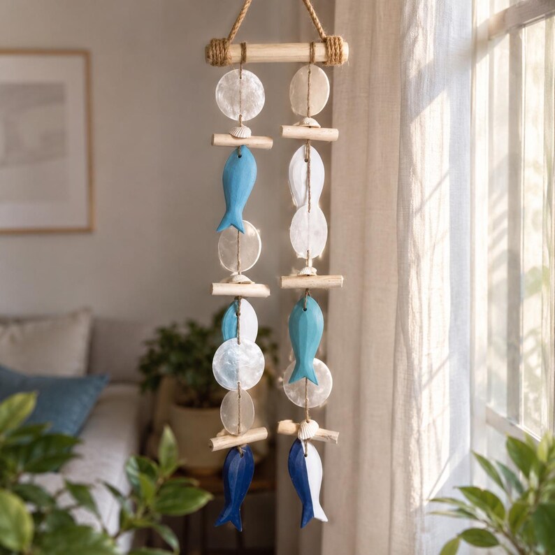 Küsten-Windspiel Handgefertigt 6 Fische Blau Weiß, Muschelscheiben, Boho Nautische Wanddeko für Innen und Außen, 56 cm