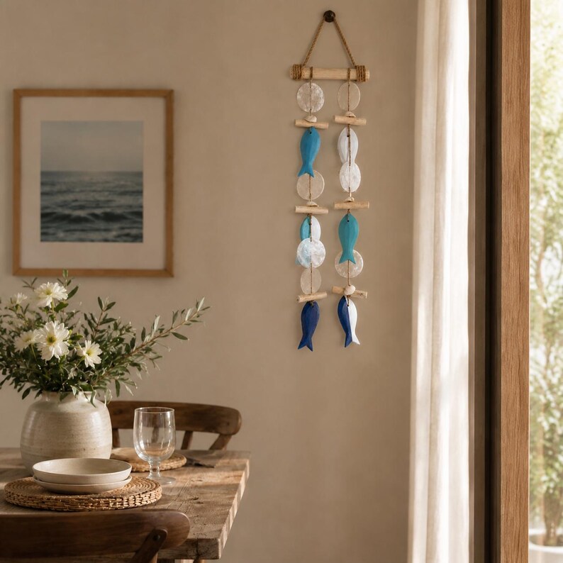 Küsten-Windspiel Handgefertigt 6 Fische Blau Weiß, Muschelscheiben, Boho Nautische Wanddeko für Innen und Außen, 56 cm